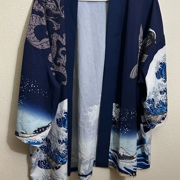 Navy Blue Kimono Jacket with Ocean Wave Design - Picture 2 of 10